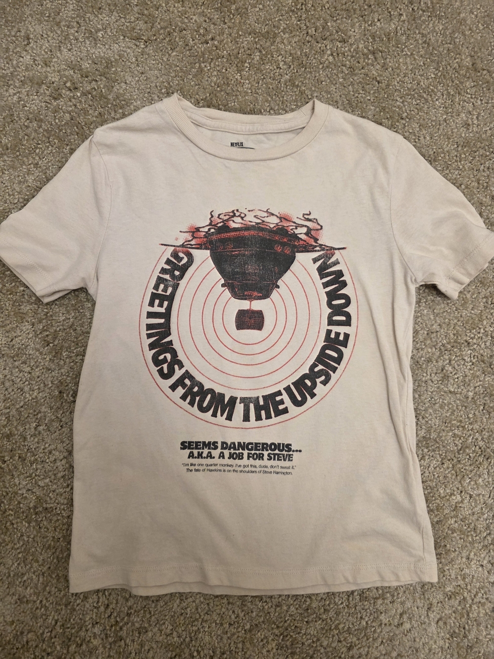 Cream Graphic Tee with Black & Red Print - Boys Sz 8 M Great Condition